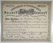 Cincinnati & Springfield Railway Co. 1874 I/C Stock Certificate