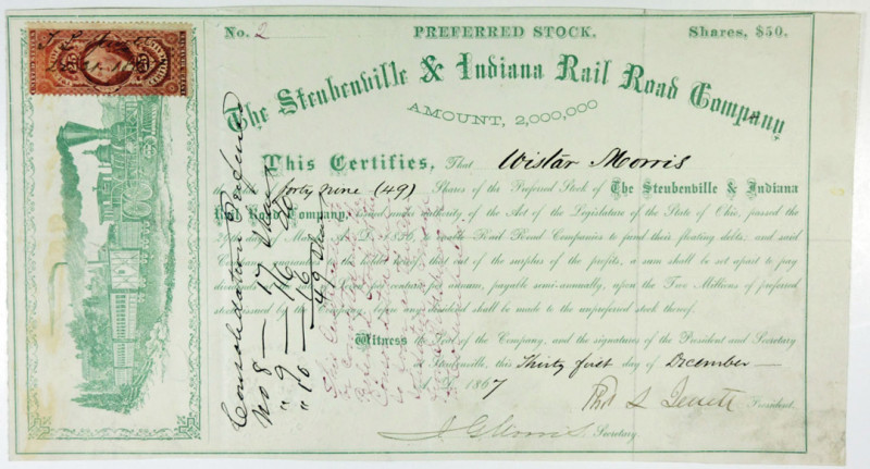 Steubenville, Ohio, 1867. 49 Shares I/U Preferred Stock Certificate, Low S/N 2, ...