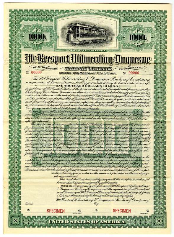 Pennsylvania, 1898, $1000, Specimen 5% Gold Coupon Bond, Streetcar in middle wit...