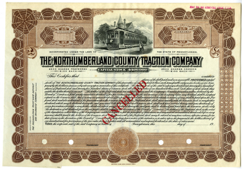 Pennsylvania. Preferred Stock Specimen Certificate, Black print on brown border ...