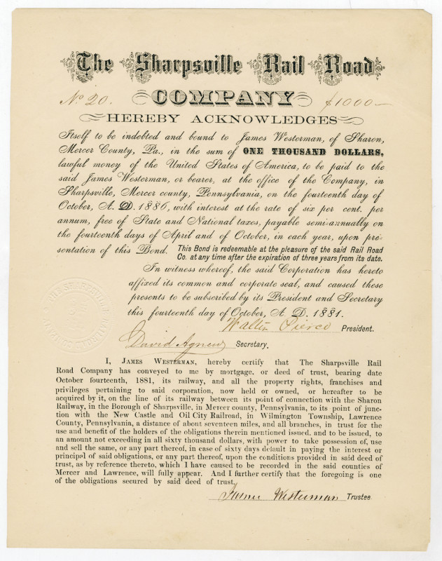 Sharpsville, Mercer County, Pennsylvania, $1,000 Issued 6% Bond, Black print wit...