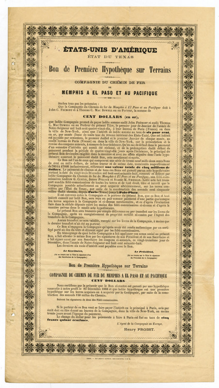 Texas. 4-page sales broadside typeset in French advertising 100 Dollar Gold bond...