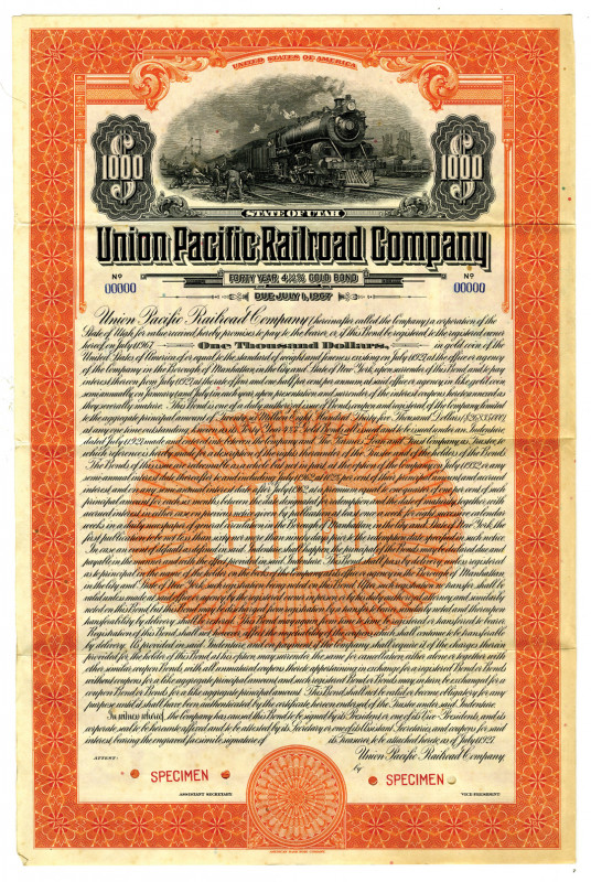 Utah. $1000 Specimen 4 1/2% Gold Coupon Bond, Black print on large orange border...