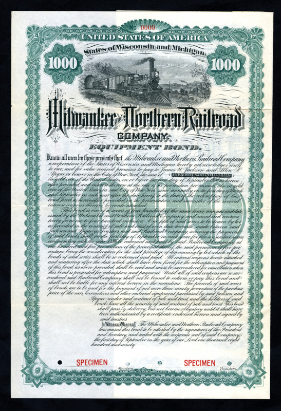 Wisconsin & Michigan. 1890, $1000 Specimen 6% Equipment Bond, Black print with a...