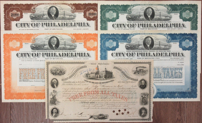Philadelphia, Pennsylvania. Group of 5 Bonds, 1 is I/C with the balance are Spec...
