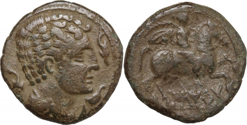 Hispania. Iltirta (Lerida). AE As, light series, after 104 BC. Obv. Male head ri...