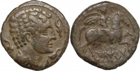 Hispania. Iltirta (Lerida). AE As, light series, after 104 BC. Obv. Male head right, drapery around neck; three dolphins around. Rev. Horseman, holdin...