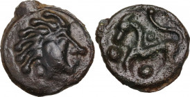 Celtic World. Northwest Gaul, Aulerci Eburovices. Potin Unit, c. 100-50 BC. Obv. Stylized head right. Rev. Stylized horse left; pellets around. Depeyr...