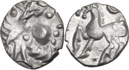 Celtic World. Celtic, Middle-Lower Danube, Syrmia. AR Drachm, 1st century BC. Obv. Head of Zeus right, type 'Kugelwange'. Rev. Horse standing left, ra...