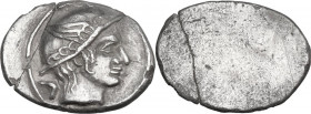 Greek Italy. Etruria, Populonia. AR 5-Asses, 3rd century BC. Obv. Head of Turms right, wearing petasus; behind, V. Linear border. Rev. Blank. Vecchi E...
