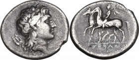 Greek Italy. Samnium, Southern Latium and Northern Campania, Suessa Aurunca. AR Didrachm, c. 265-240 BC. Obv. Laureate head of Apollo right; lyre behi...