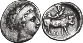 Greek Italy. Central and Southern Campania, Neapolis. AR Didrachm, c. 350-330 BC. Obv. Head of nymph Parthenope right, wearing broad headband, earring...