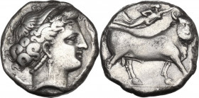 Greek Italy. Central and Southern Campania, Neapolis. AR Didrachm, c. 320-300 BC. Obv. Head of the nymph Parthenope right, wearing diadem, earrings an...