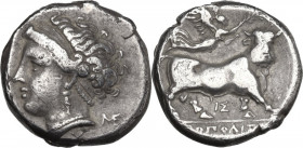 Greek Italy. Central and Southern Campania, Neapolis. AR Nomos, c. 275-250 BC. Obv. Head of nymph left, hair in band; X below, ME monogram behind. Rev...