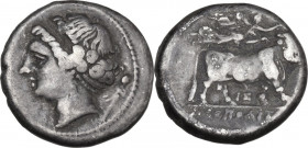 Greek Italy. Central and Southern Campania, Neapolis. AR Didrachm, c. 275-250 BC. Obv. Head of nymph Parthenope left; behind, thyrsos. Rev. Man-faced ...