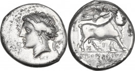 Greek Italy. Central and Southern Campania, Neapolis. AR Didrachm, c. 275-250 BC. Obv. Head of nymph Parthenope left; dolphin behind; ME below. Rev. M...