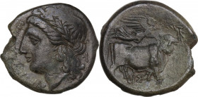 Greek Italy. Central and Southern Campania, Neapolis. AE 18.5 mm, c. 275-250 BC. Obv. ΝΕΟΠΟΛΙΤΩΝ. Laureate head of Apollo left, behind, V. Rev. Man-fa...