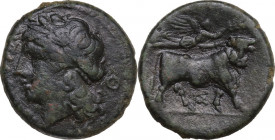 Greek Italy. Central and Southern Campania, Neapolis. AE 19.5 mm. 275-250 BC. Obv. [NEOΠOΛITΩN] Laureate head of Apollo left; Θ behind. Rev. Man-heade...