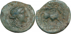 Greek Italy. Central and Southern Campania, Neapolis. AE 16 mm, c. 250-225 BC. Obv. Laureate head of Apollo right. Rev. Man-headed bull walking right;...