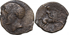 Greek Italy. Northern Apulia, Canusium. AE 22 mm. c. 250-225 BC. Obv. Bare male head left. Rev. Warrior on horseback right, holding long spear; below,...
