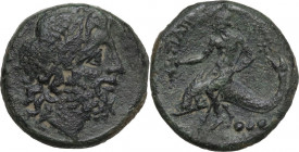 Greek Italy. Northern Apulia, Teate. AE Teruncius, c. 225-200 BC. Obv. Diademed head of Poseidon right; above, [three pellets]. Rev. TIATI. Rider on d...