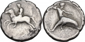 Greek Italy. Southern Apulia, Tarentum. AR Nomos, c. 405-400 BC. Obv. Horseman riding horse leaping left; below, ΛΕ (retrograde). Rev. Phalanthos ridi...