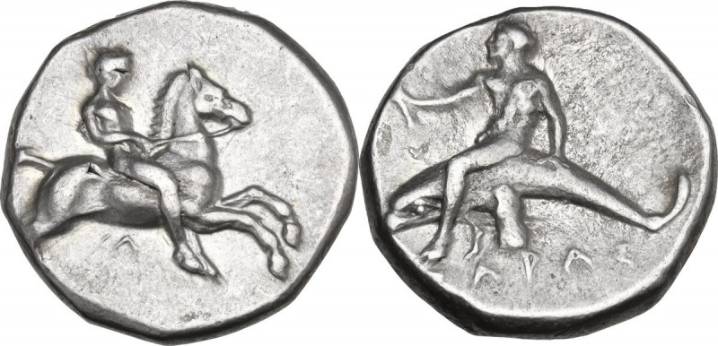 Greek Italy. Southern Apulia, Tarentum. AR Nomos, 380-340 BC. Obv. Horseman gall...