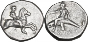 Greek Italy. Southern Apulia, Tarentum. AR Nomos, 380-340 BC. Obv. Horseman galloping right; below, Λ. Rev. Phalantos riding on dolphin left, holding ...