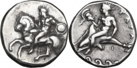 Greek Italy. Southern Apulia, Tarentum. AR Nomos, c. 344-334 BC. Obv. Horseman dismounting from horse galloping left, holding small round shield; T be...