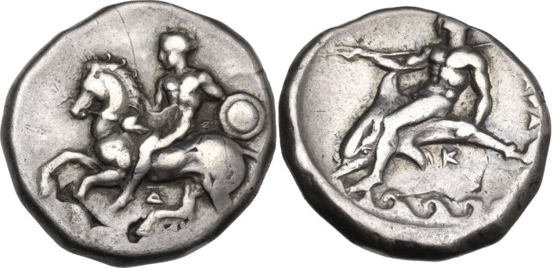 Greek Italy. Southern Apulia, Tarentum. AR Nomos, c. 344-340 BC. Obv. Nude warri...