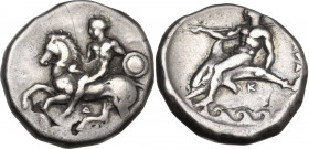 Greek Italy. Southern Apulia, Tarentum. AR Nomos, c. 344-340 BC. Obv. Nude warrior on horseback left, holding spear, shield on left arm; Δ below. Rev....