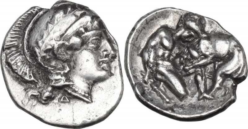 Greek Italy. Southern Apulia, Tarentum. AR Diobol, c. 380-344 BC. Obv. Head of A...