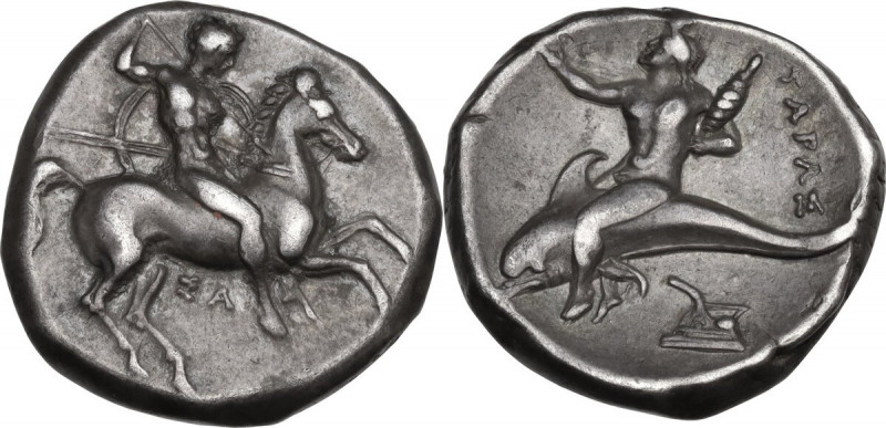 Greek Italy. Southern Apulia, Tarentum. AR Nomos, c. 290-281 BC. Obv. Warrior, h...