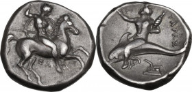 Greek Italy. Southern Apulia, Tarentum. AR Nomos, c. 290-281 BC. Obv. Warrior, holding shield and two spears, preparing to cast a third, on horseback ...