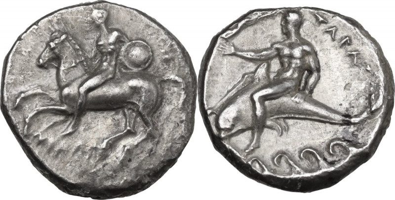 Greek Italy. Southern Apulia, Tarentum. AR Nomos, c. 280-272 BC. Philon and Sl-,...