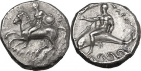 Greek Italy. Southern Apulia, Tarentum. AR Nomos, c. 280-272 BC. Philon and Sl-, magistrates. Obv. Warrior on horseback left, holding shield; ΣΛ to ri...