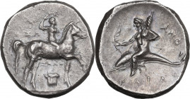 Greek Italy. Southern Apulia, Tarentum. AR Nomos, reduced weight standard, c. 280-272 BC. Obv. Youth on horseback right, crowning himself; ΣΩ to left;...