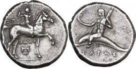 Greek Italy. Southern Apulia, Tarentum. AR Nomos, reduced weight standard, c. 280-272 BC. Obv. Boy rider right, crowning himself; IΩ behind, IAΛO and ...