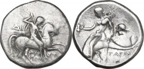 Greek Italy. Southern Apulia, Tarentum. AR Nomos, c. 272-240 BC. Aristokles and Di-, magistrates. Obv. Warrior on horseback right, holding spear; ΔI t...