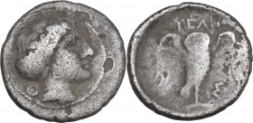 Greek Italy. Northern Lucania, Velia. AR Obol, period V, Theta Group, c. 340 - c. 334 BC. Obv. Head of nymph right, wearing sakkos; behind, letter Θ. ...