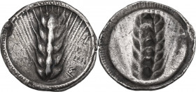 Greek Italy. Southern Lucania, Metapontum. AR Nomos, c. 510-470 BC. Obv. Ear of barley with five grains; META upwards to right. Rev. Incuse ear of bar...
