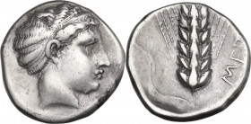 Greek Italy. Southern Lucania, Metapontum. AR stater, c. 430-400 BC. Obv. Head of Demeter right, hair bound in crossed fillet. Rev. Barley ear of six ...