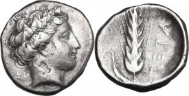 Greek Italy. Southern Lucania, Metapontum. AR Nomos, c. 400-340 BC. Obv. Head of Demeter right, wearing diadem decorated with ivy leaves; [ΠOΛY on tru...