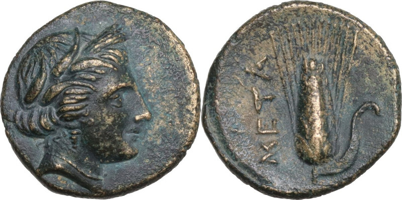 Greek Italy. Southern Lucania, Metapontum. AE 15 mm. c. 300-250 BC . Obv. Head o...