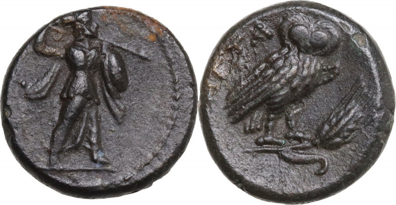 Greek Italy. Southern Lucania, Metapontum. AE 15 mm, c. 300-250 BC. Obv. Athena ...