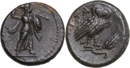Greek Italy. Southern Lucania, Metapontum. AE 15 mm, c. 300-250 BC. Obv. Athena Alkidemos standing right, holding spear and shield. Rev. META. Owl sta...