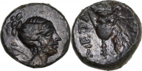 Greek Italy. Southern Lucania, Metapontum. AE 11.5 mm. c. 300-250 BC. Obv. Head of Artemis right, bow and quiver over shoulder. Rev. META. Two-handled...