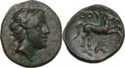 Greek Italy. Southern Lucania, Thurium. AE 13 mm. c. 280-260 BC. Obv. Head of Apollo right, with short hair. Rev. ΘOY. Horse prancing right; below, mo...
