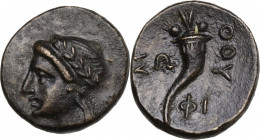 Greek Italy. Southern Lucania, Thurium. AE, c. 280-213 BC. Obv. Laureate head of Apollo left; monogram behind neck. Rev. ΘΟΥ. Cornucopiae; ΣΩ to left,...