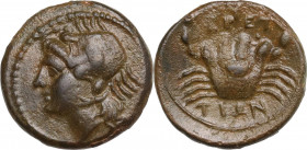 Greek Italy. Bruttium, Brettii. AE Quarter (Trihemiobol), 216-214 BC. Obv. Head of sea-goddes (Amphitrite?) left, wearing crab headdress. Rev. ΒΡΕΤ/ΤΙ...